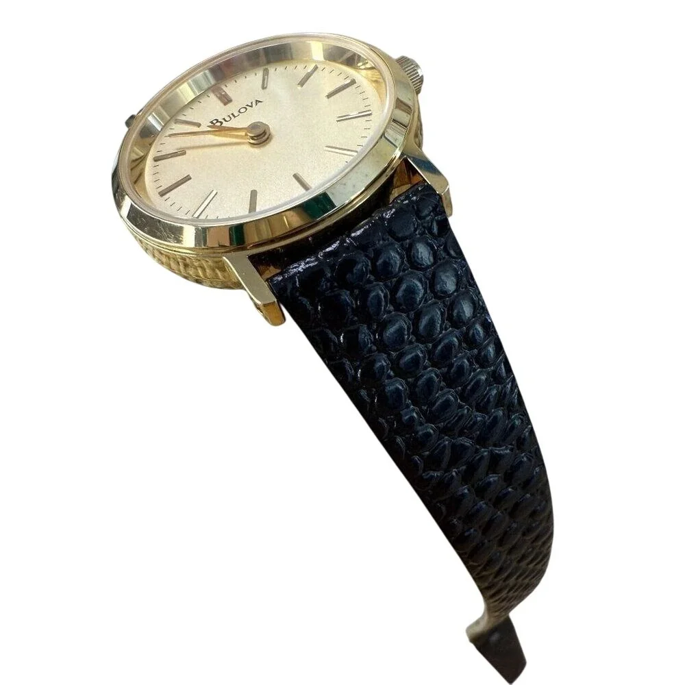 Bulova Gold-Tone Black Leather Analog Ladies Watch NOT TESTED